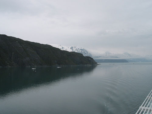 Ship moves through water on approach to the glacier area