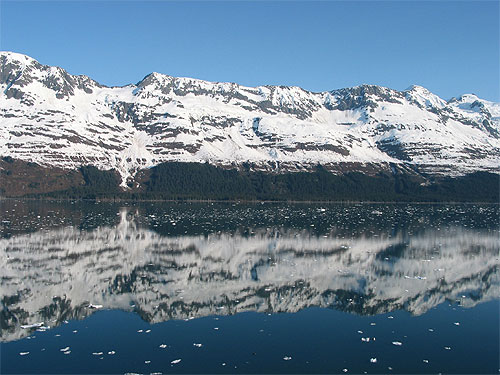 Ice floats in water with mountains in background