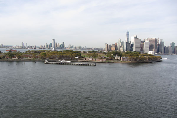 View of New York City skyline from ship deck