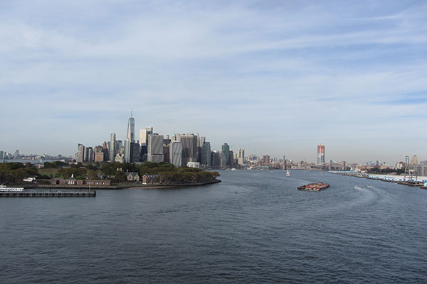 Ship cruises out of New York City port