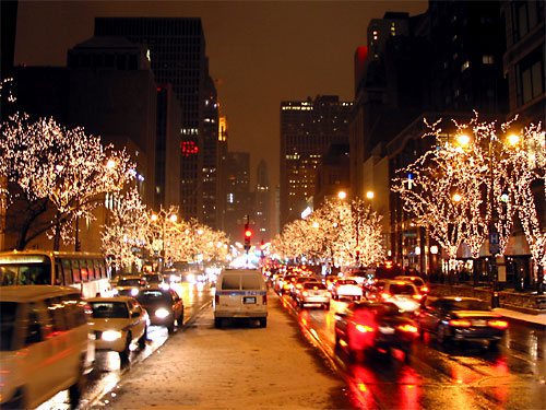 Michigan Avenue at night with Christmas lights