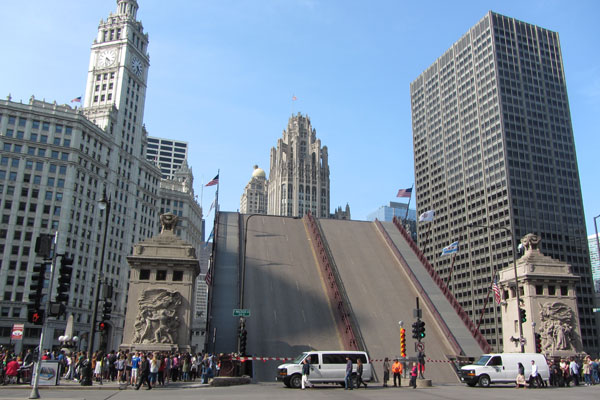 Michigan Avenue Bridge up for boats to pass under
