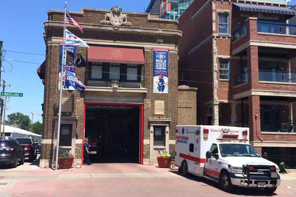 Wrigley Field Firehouse with banners