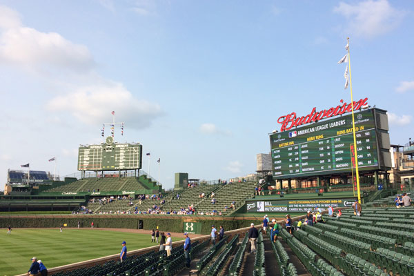 Wrigley Field before game looking at scoreboard