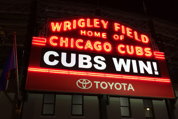 Wrigley Field Marquee with Cubs Win Displayed