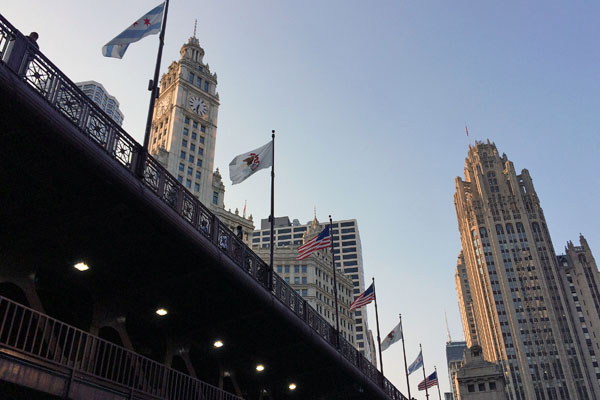 View of the Wrigley Building and Michigan Avenue Bridge along the Riverwalk