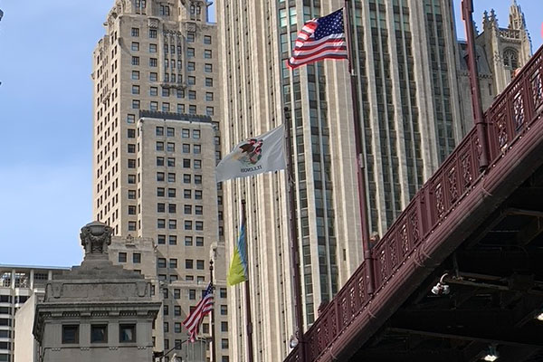 Flags flying on the Michigan Avenue Bridge