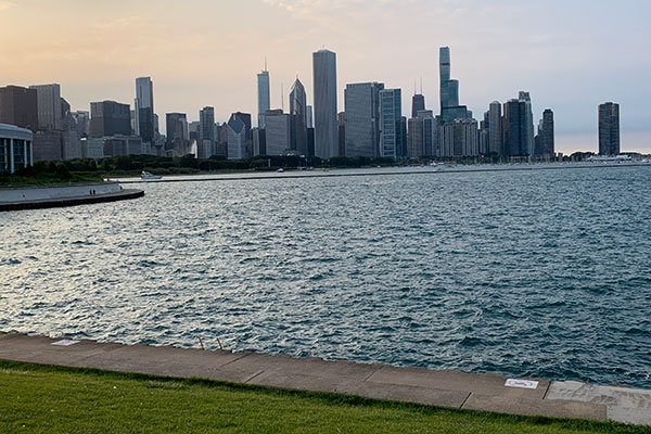 Chicago skyline behind Lake Michigan