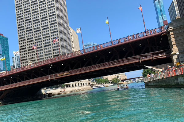 Flags flying on Michigan Avenue Bridge from Chicago River