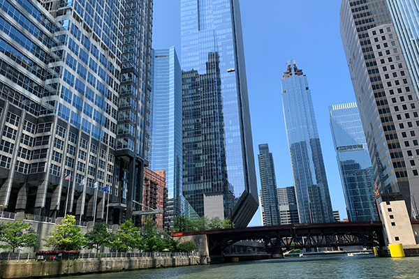 Tall buildings along south branch of Chicago River