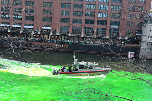 Police boat passes on the Chicago River