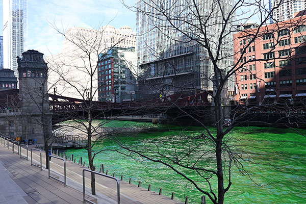 Chicago riverwalk and river as they are dyeing the Chicago River green