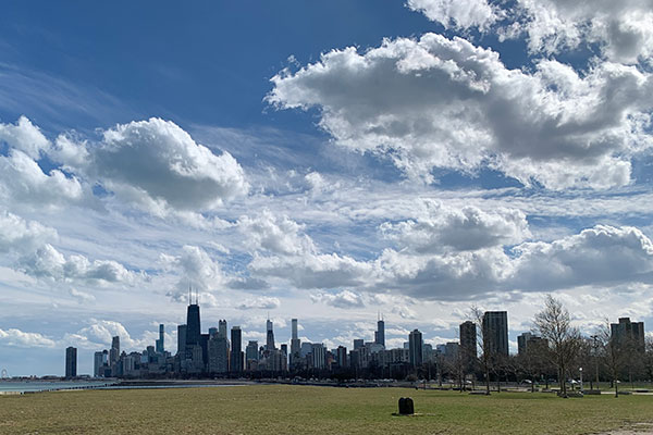 Puffy clouds over skyline of Chicago
