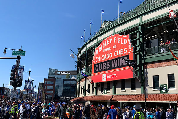 Wrigley Field marquee reads - Cubs Win!