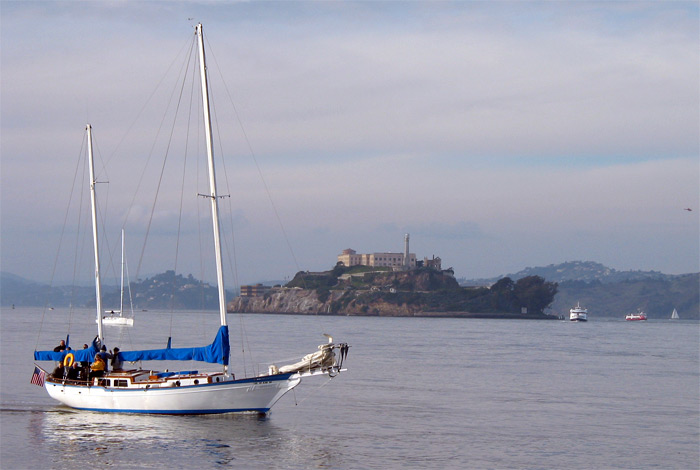 Boat in front of Alcatraz Island in San Francisco