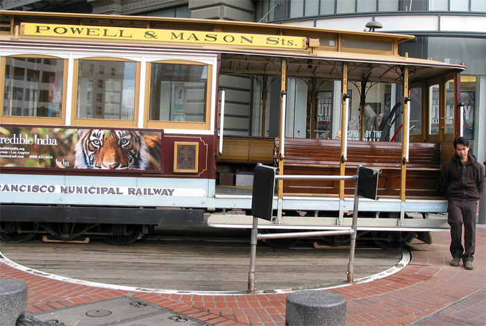 Cable car being pushed to turn around in San Francisco