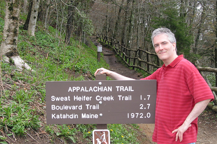Pat in front of sign for Appalachian Trail