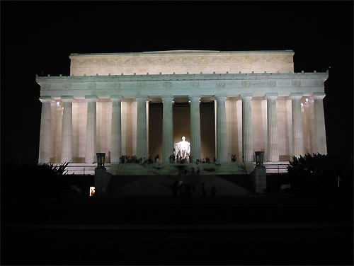 Lincoln Memorial at night with statue in view