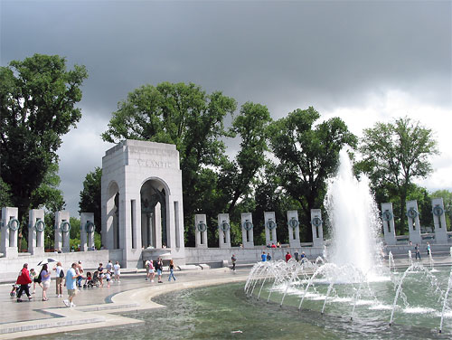 People by fountain at the World War Two Memorial