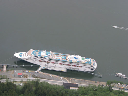 View of ship from top of mountain