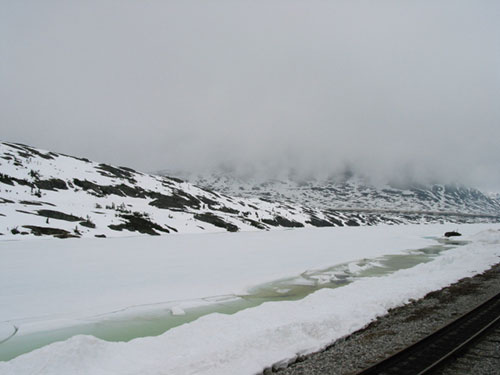 stream in snow along tracks