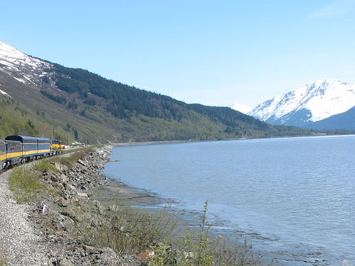 Back of the train as it passes by water