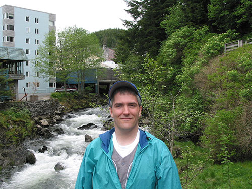 Pat in front of stream in Ketchikan