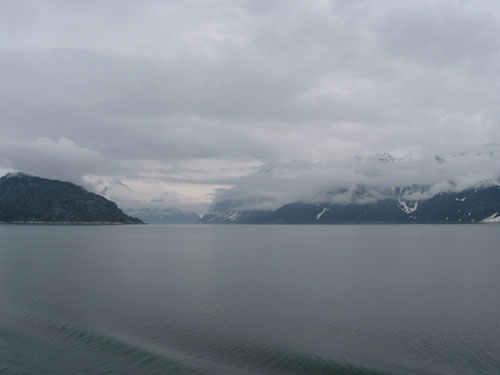 Ship cruising out of Glacier Bay National Park