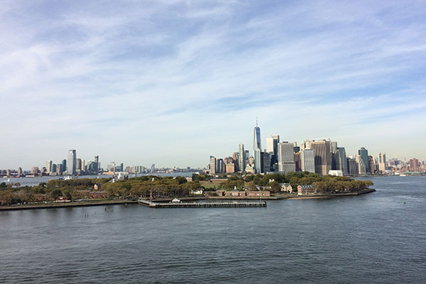 Ship pulls out of port in New York City