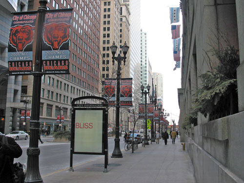 Bears banners street lights on LaSalle Street