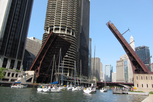 Boats passing under bridge at the Riverwalk