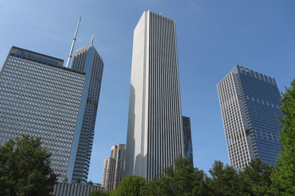 Millennium Park looking up at the Prudential and Aon Buildings