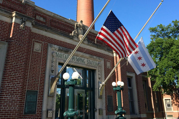 Mayfair Pumping Station with flags