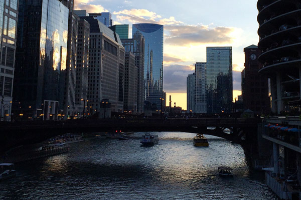 Riverwalk at dusk looking west