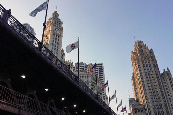 View of the Wrigley Building and Michigan Avenue Bridge along the Riverwalk