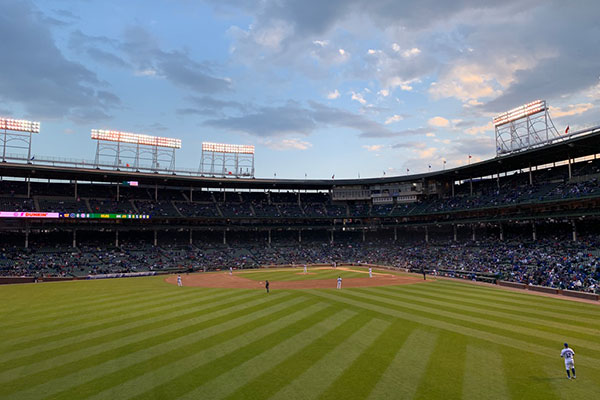 View of infield from bleachers at Wrigley Field