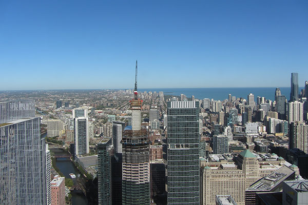 Chicago skyline looking North along Chicago River from Bank of America Tower