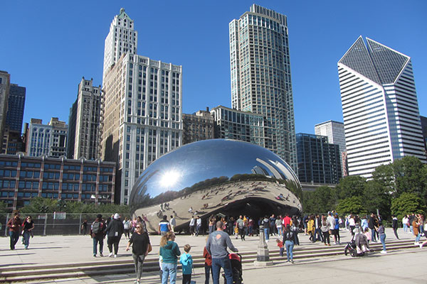 Millennium Park looking toward the skyline and Cloudgate