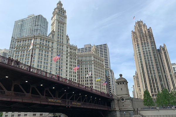 Michigan Avenue Bridge in front of the Wrigley Building from Riverwalk