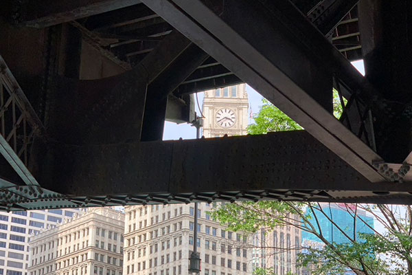 Wrigley Building clock from under bridge