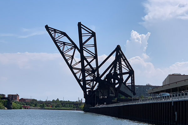 Old bridges standing open along the Chicago River