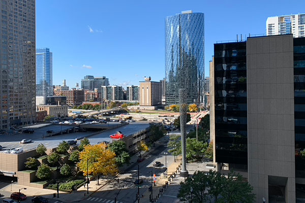 View of statues and buildings from 540 W. Madison