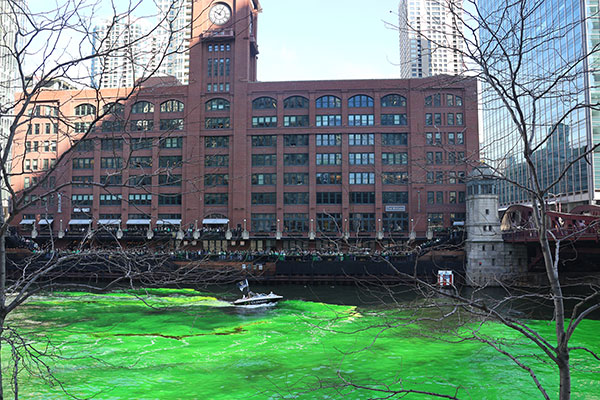 People watch as the Chicago River is dyed green