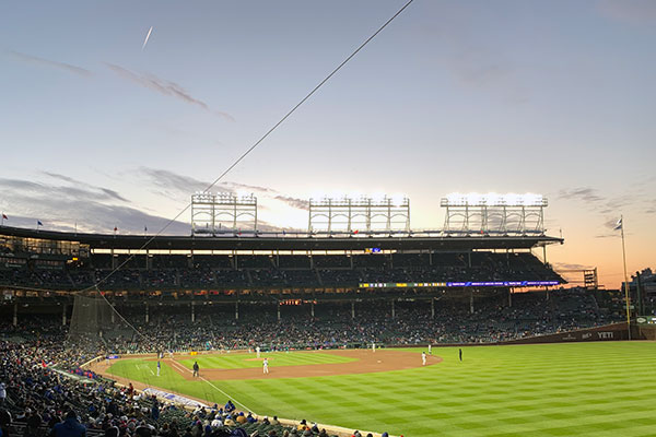 View of infield at Wrigley Field as seen from the right field foul pole