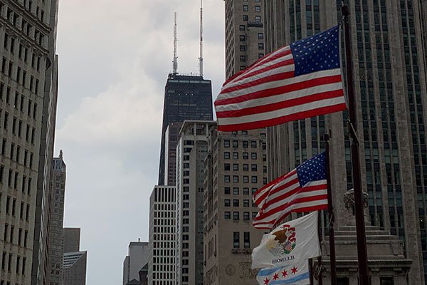 Chicago Skyline beyond flags