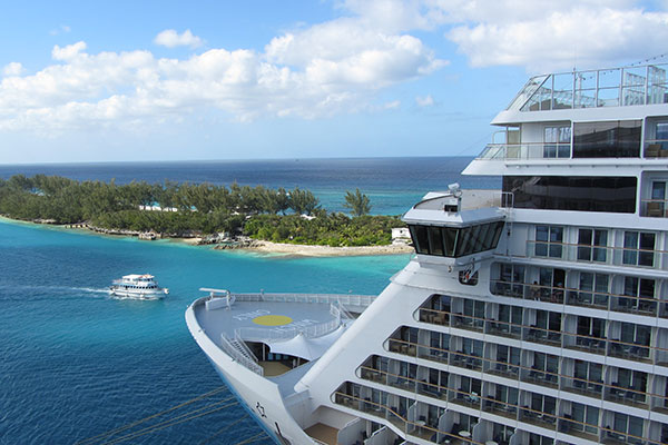 Front of ship docked in Nassau, Bahamas