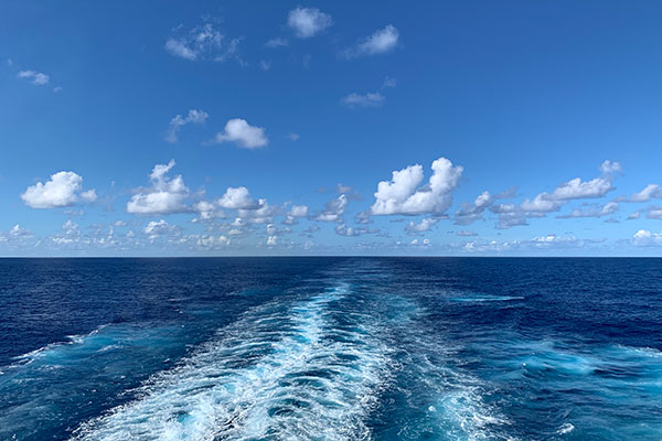 View from back of ship during afternoon