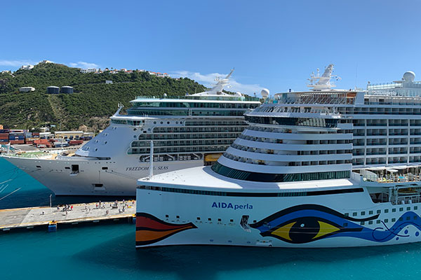 Freedom of the Seas and Aida Perla on Monday morning