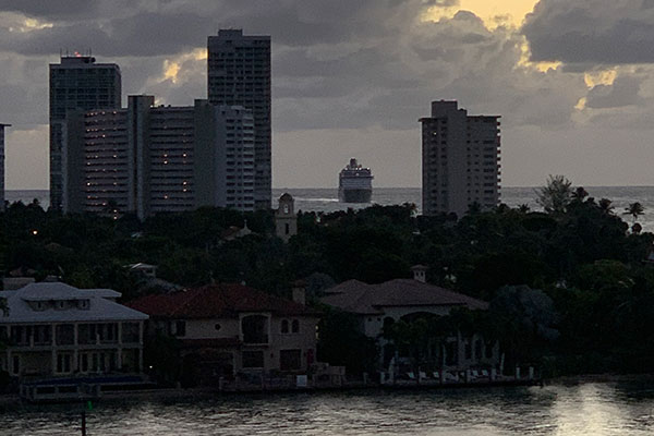 Ship in Distance approaching the harbor on November 10