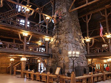 Fireplace and balcony of Yellowstone National Park Old Faithful Lodge